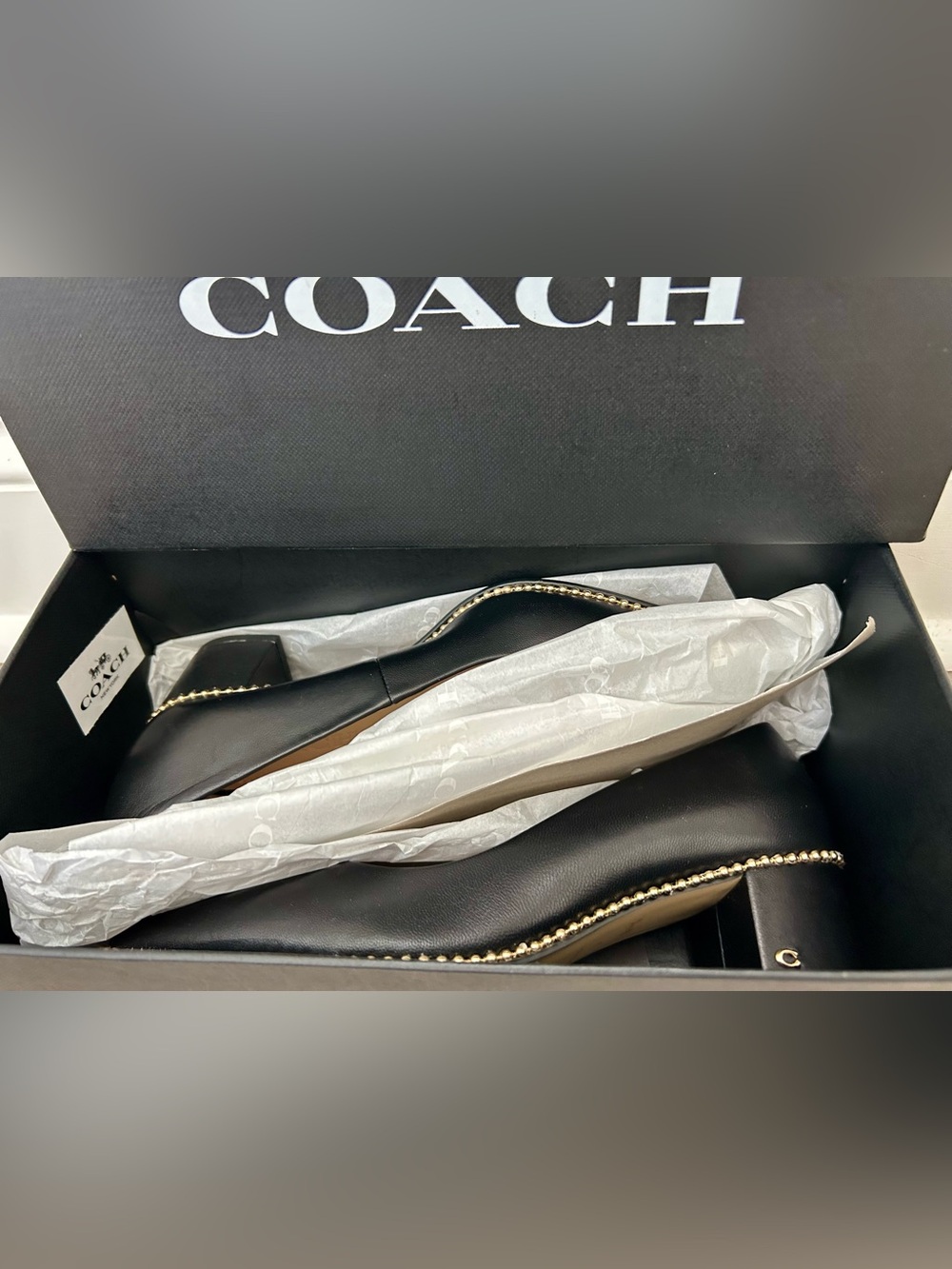 Coach Black Leather Pointed Toe Pumps with Gold Stud Trim Size 5B